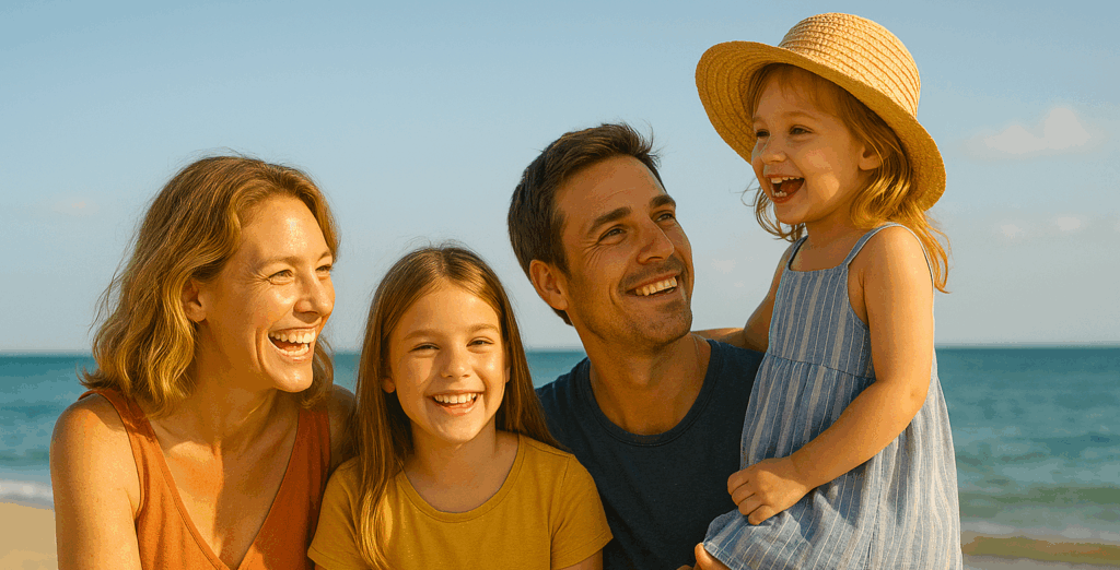 Moeder, vader en twee kinderen op het strand