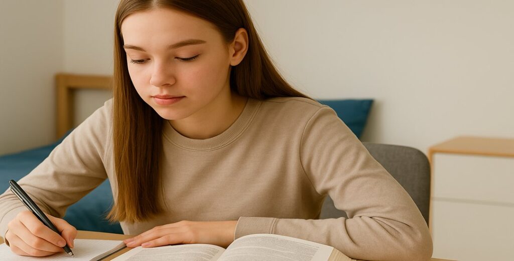 Meisje achter haar bureau bezig met studeren