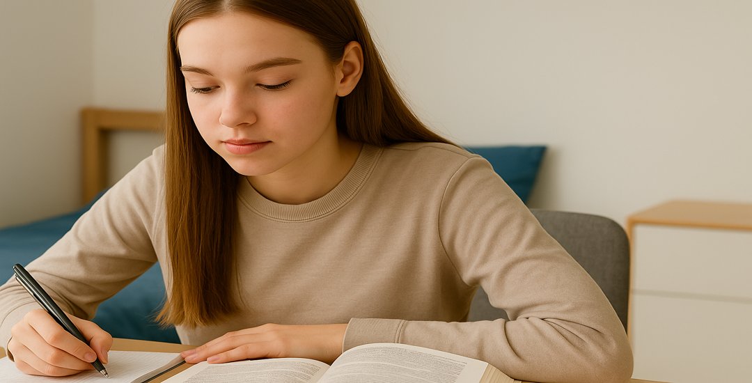 Meisje achter haar bureau bezig met studeren