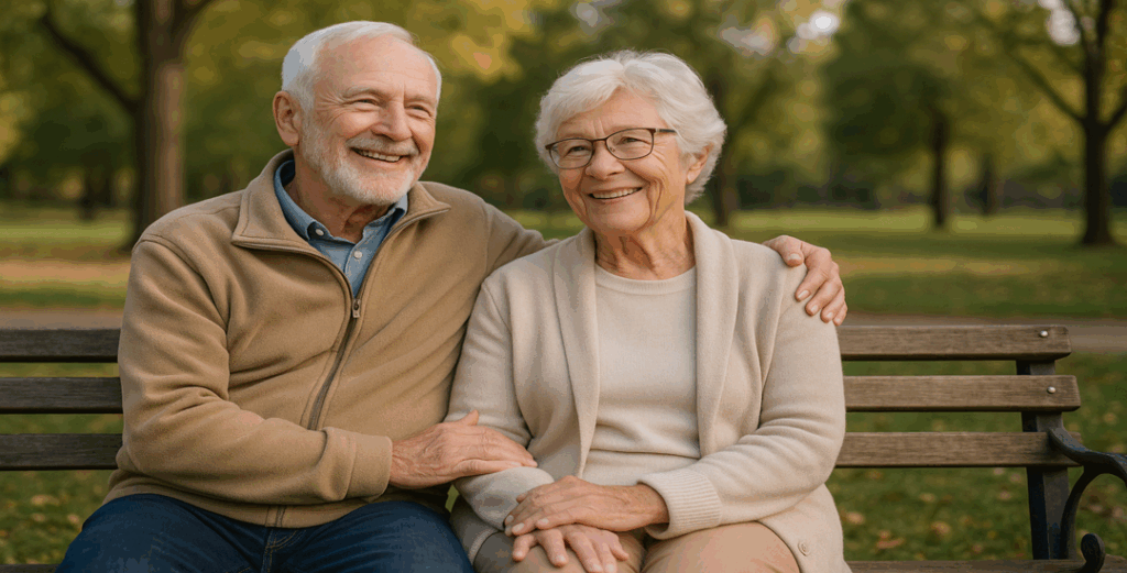 Senioren koppel buiten op een bankje
