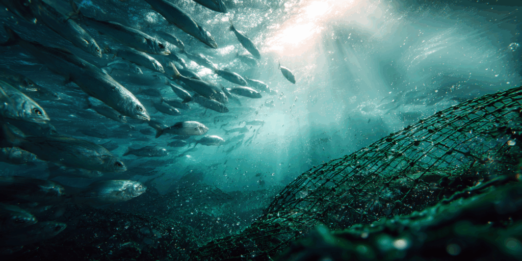 Visserijnetten vangen vissen in een drukke oceaan met op de achtergrond een duurzame algenolie-installatie als alternatief voor visolie