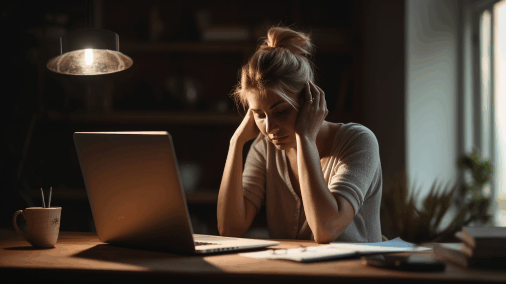 Vrouw zit achter haar laptop met handen in het haar wegens stress
