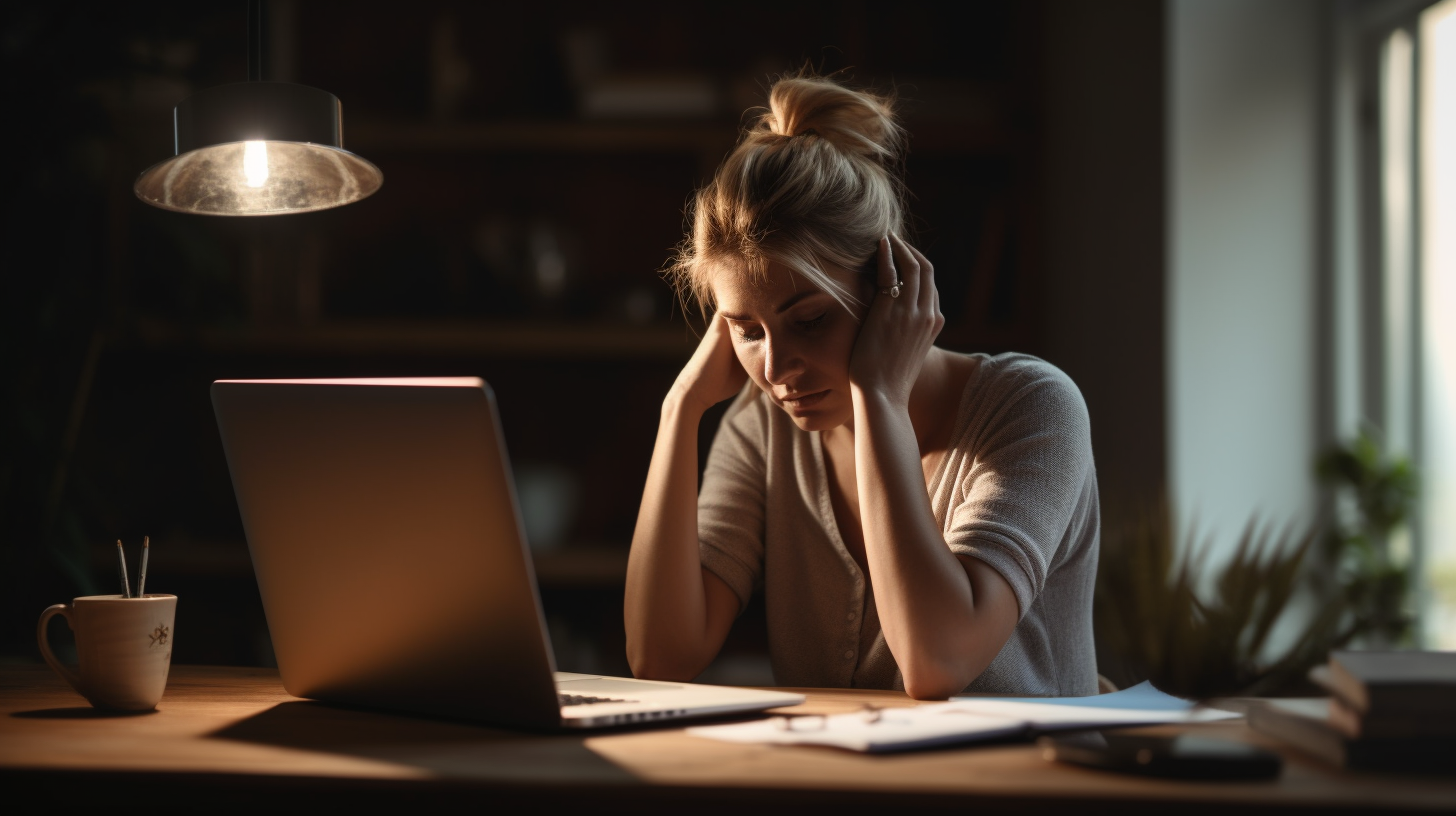 Vrouw zit achter haar laptop met handen in het haar wegens stress