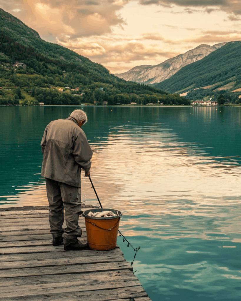 Oude man op de stijger die gevangen vis in een emmer stopt