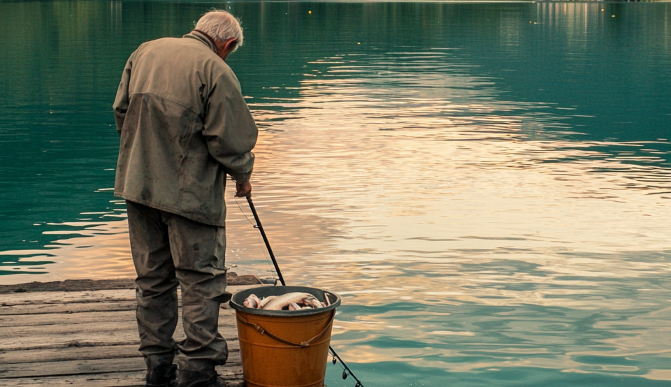 Oude man op de stijger die gevangen vis in een emmer stopt