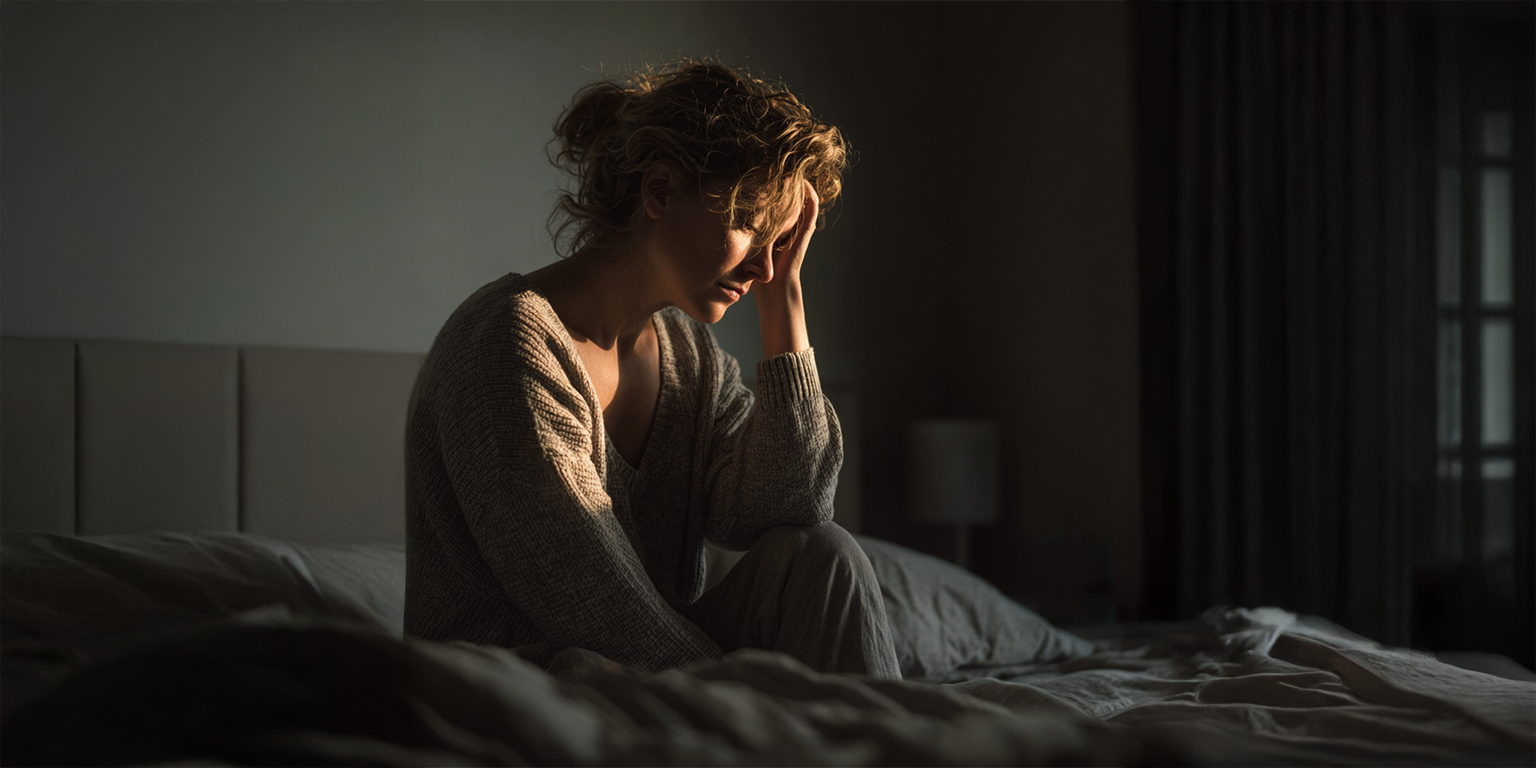 Vrouw die moe op bed zit