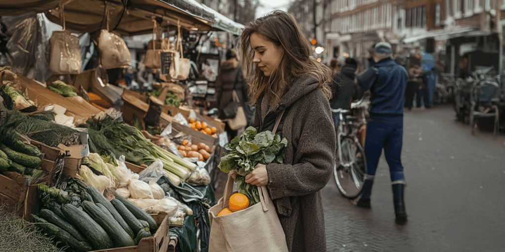 Dame op de markt die groente aan het kopen is