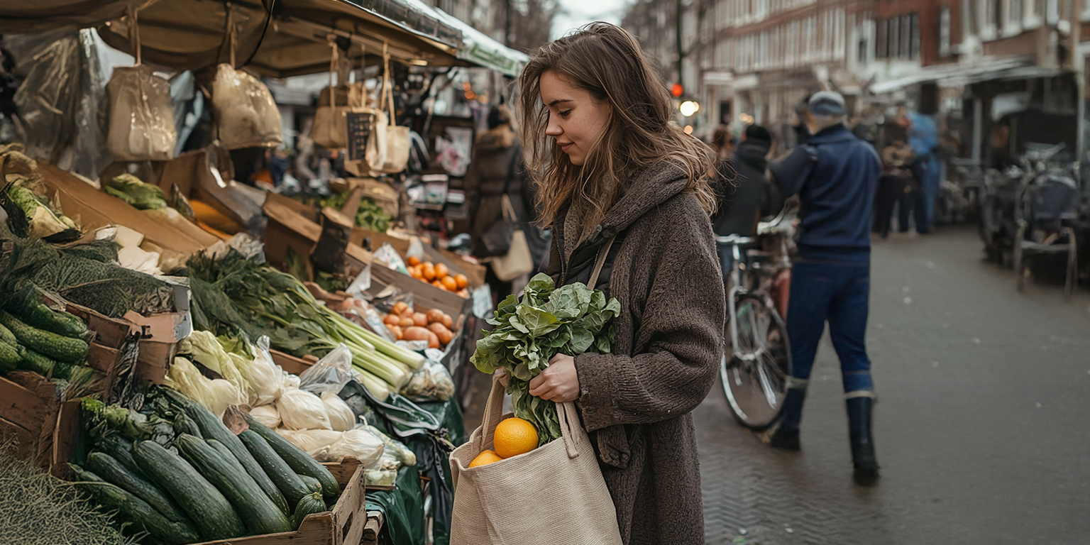 Dame op de markt die groente aan het kopen is